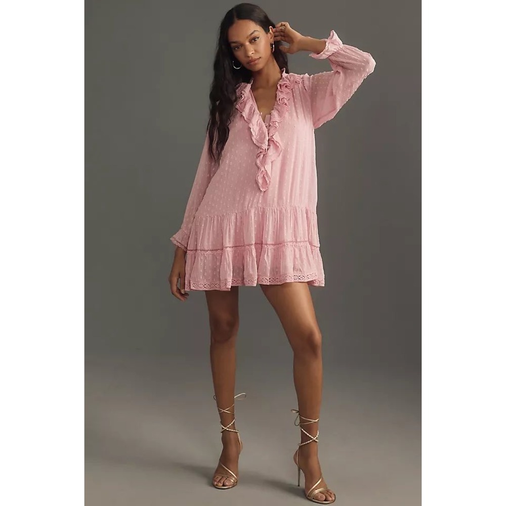 NWT Anthropologie Mini Dress Womens S Pink Ruffle V-Neck Swiss Dot Tunic